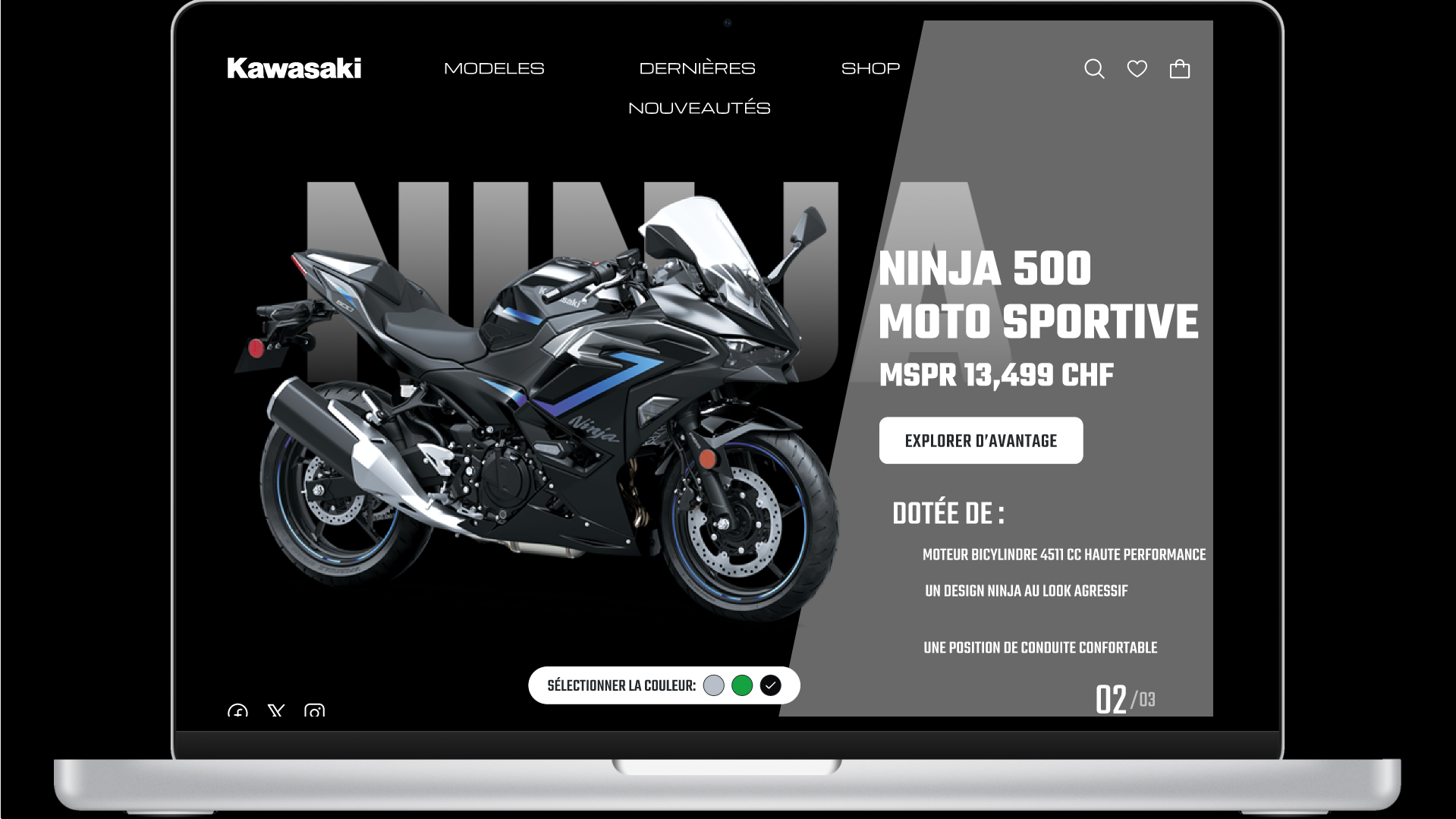 Page produit Kawasaki NINJA 500 – version noire